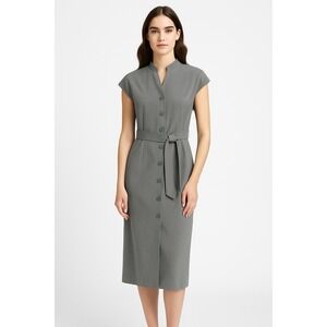 Calvin Klein Gray Button Front Belted Sheath Dress Cap Sleeve Career 8